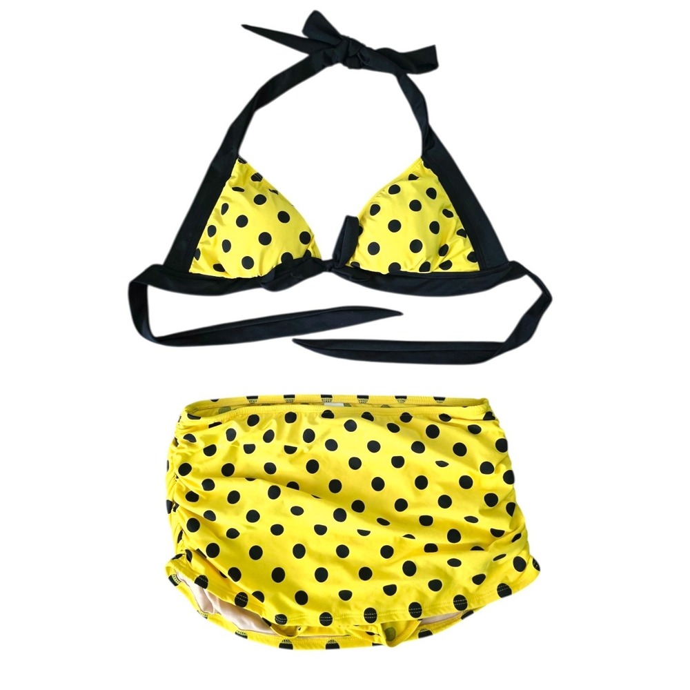 GirlHowdy Modcloth Retro Yellow Black Polka Dot Swimsuit 2-Piece Bikini Skirt 12